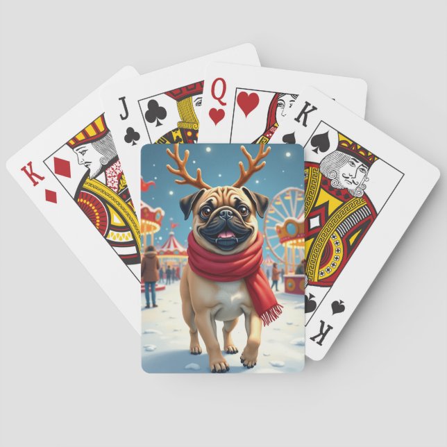 Pug at the Winter Fairgrounds Christmas Painting Poker Cards (Back)