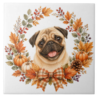 Pug Autumn Wreath Ceramic Tile