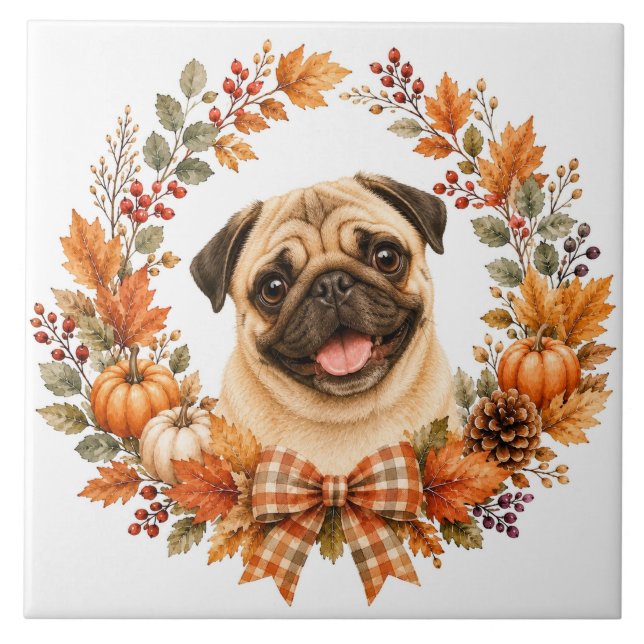 Pug Autumn Wreath Ceramic Tile (Front)