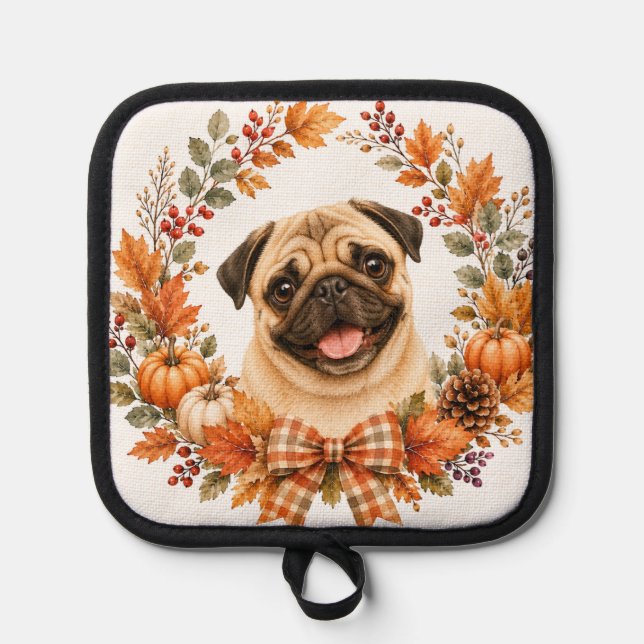 Pug Autumn Wreath Pot Holder (Front)