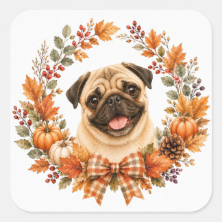Pug Autumn Wreath Square Sticker
