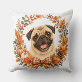 Pug Autumn Wreath Throw Pillow