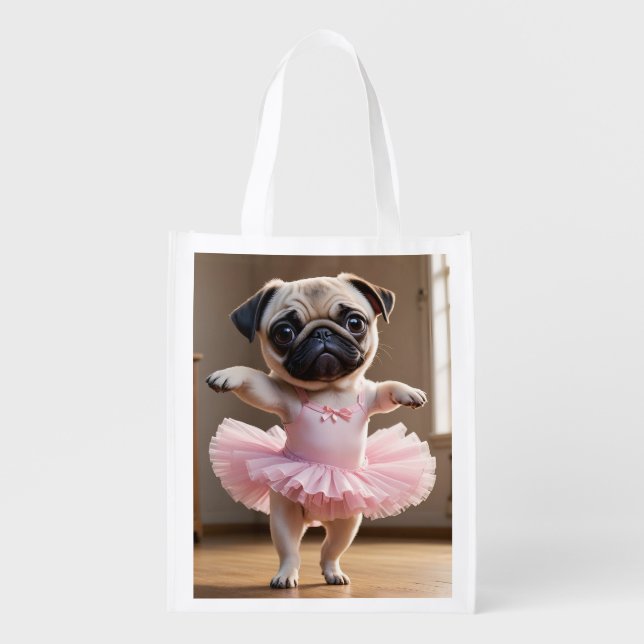Pug Ballerina Grocery Bag (Front)