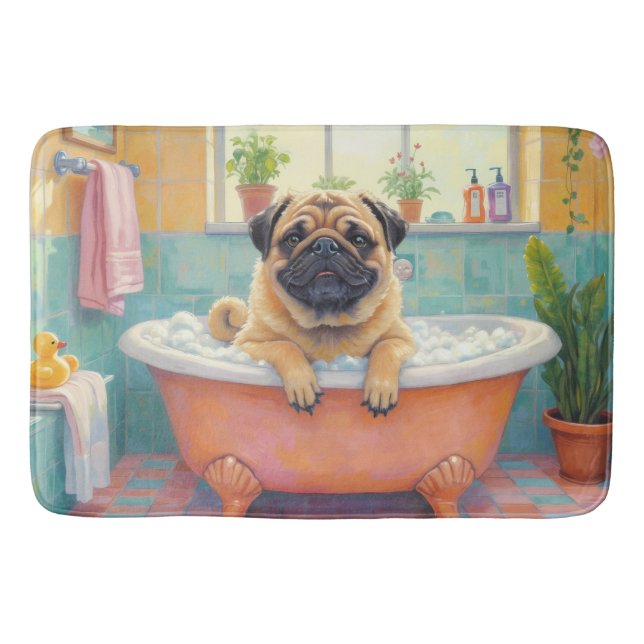 Pug Bath Time Cute Bathroom Decor Mat (Front)