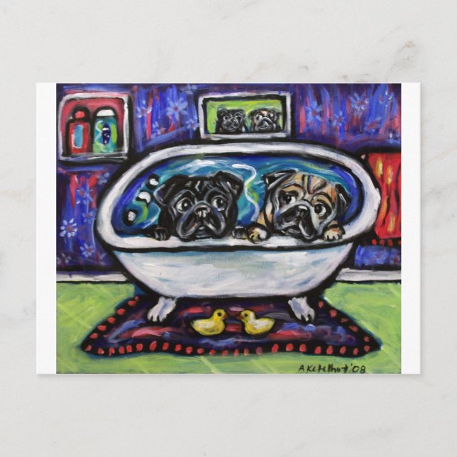 Pug Bathtime Postcard (Front)