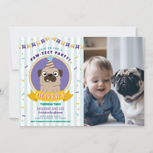 Pug Birthday Doggy Party Dog Confetti Blue Invitation