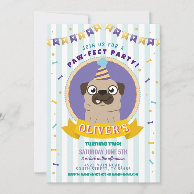 Pug Birthday Doggy Party Dog Confetti Blue Invitation (Front)