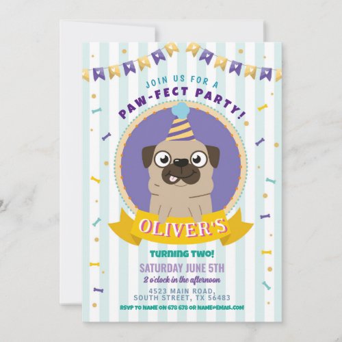 Pug Birthday Doggy Party Dog Confetti Blue Invitation