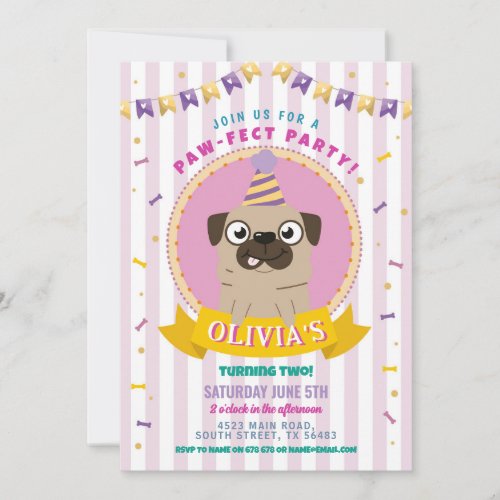 Pug Birthday Doggy Party Dog Confetti Invitation