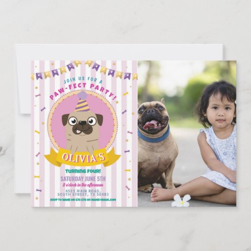 Pug Birthday Doggy Party Dog Confetti Photo Invitation