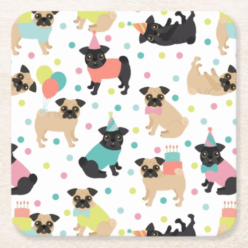 Pug Birthday Party Celebration Square Paper Coaster