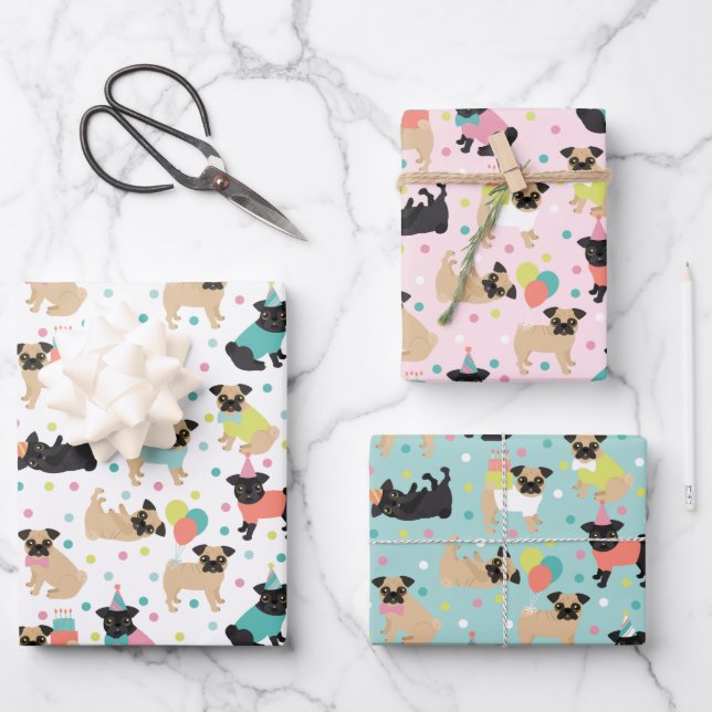 Pug Birthday Party Celebration Wrapping Paper Sheets (Front)