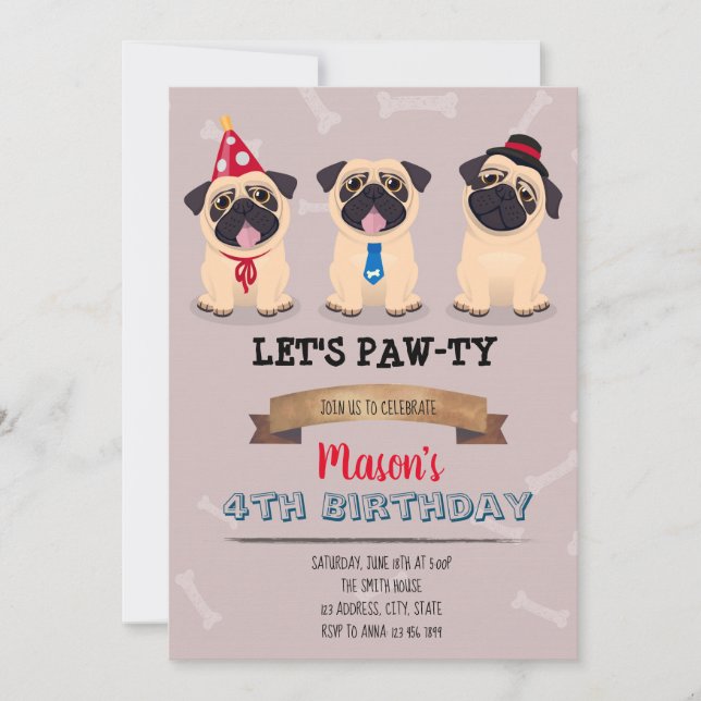 Pug Birthday party invitation (Front)