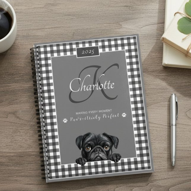 Pug Black White Gingham Custom Name Monogram Planner (Creator Uploaded)