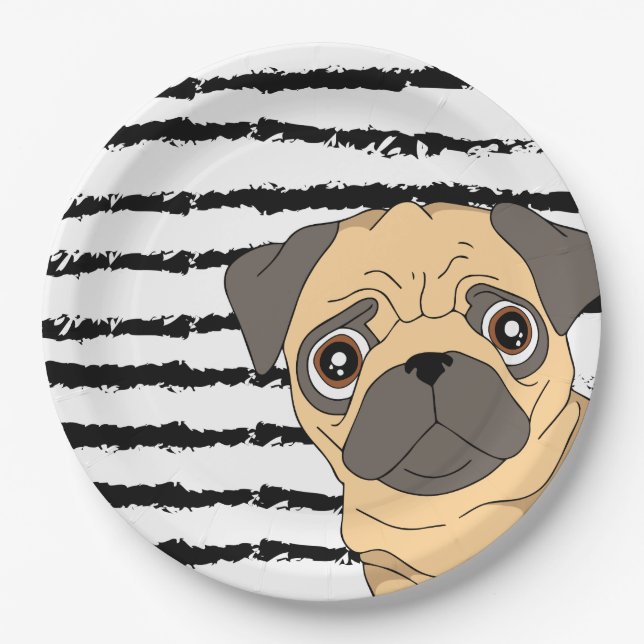Pug black white pattern design paper plates (Front)