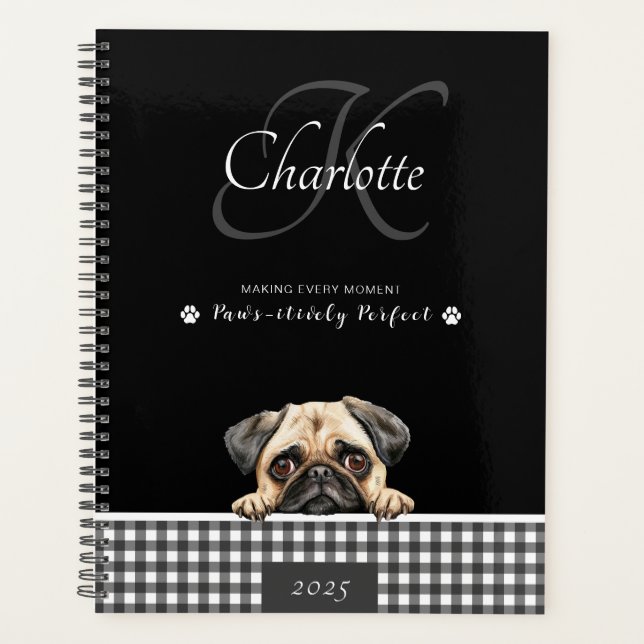 Pug Black White Plaid Custom Name Monogram Planner (Front)