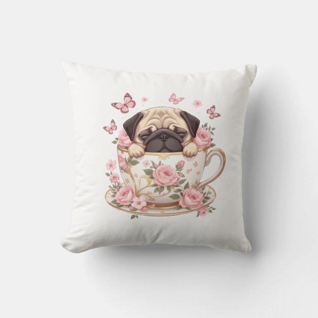 Pug Blossom Dreams Throw Pillow – Cute Floral Pug  (Front)