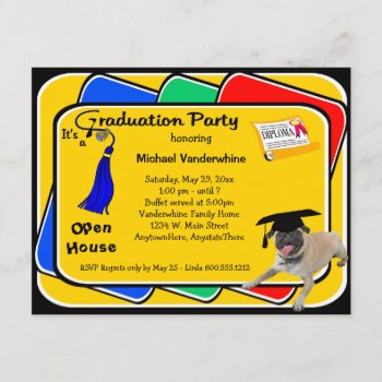 Pug Blue Graduation Party Invitations by malibuitalian at Zazzle
