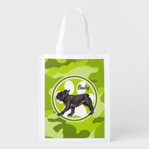 Pug; bright green camo, camouflage reusable grocery bag