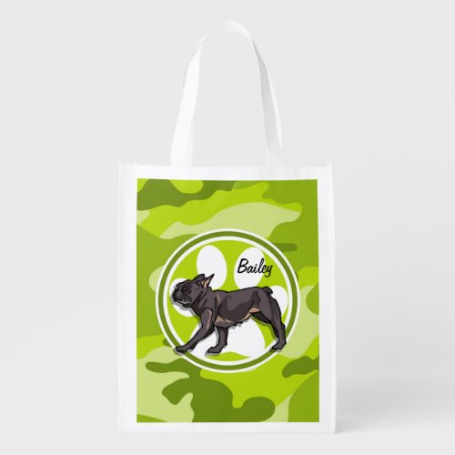Pug bright green camo camouflage reusable grocery bag