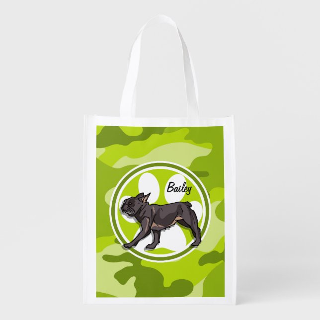 Pug; bright green camo, camouflage reusable grocery bag (Front)