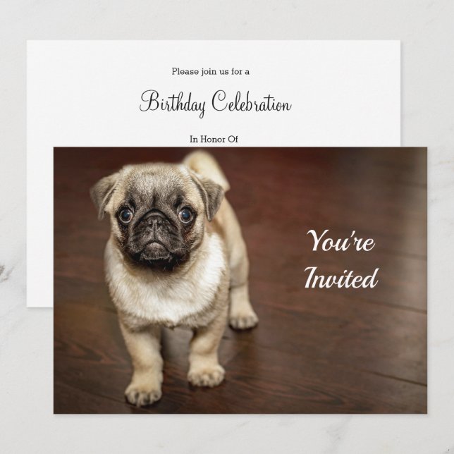 Pug Brown Dog Photo Birthday Invitation (Front/Back)