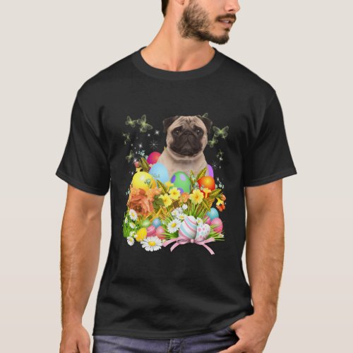 Pug Bunny Dog With Easter Eggs Basket T_Shirt