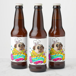 Pug Bunny Ears Eggs Easter Day Cute Dog Lover Beer Bottle Label