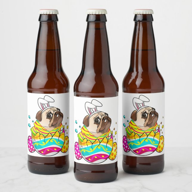 Pug Bunny Ears Eggs Easter Day Cute Dog Lover Beer Bottle Label (Bottles)