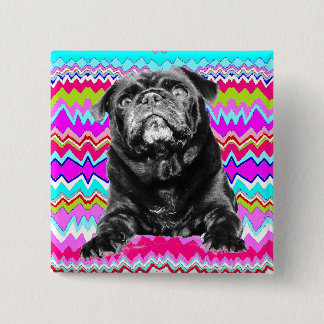 PUG BUTTON- Black PUG-  Pink, Aqua & White RAD ZAG Pinback Button