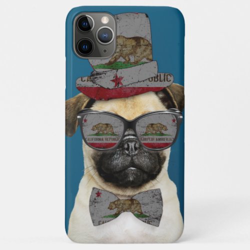 Pug California Flag Top Hat Bow Tie  Sunglasses iPhone 11 Pro Max Case