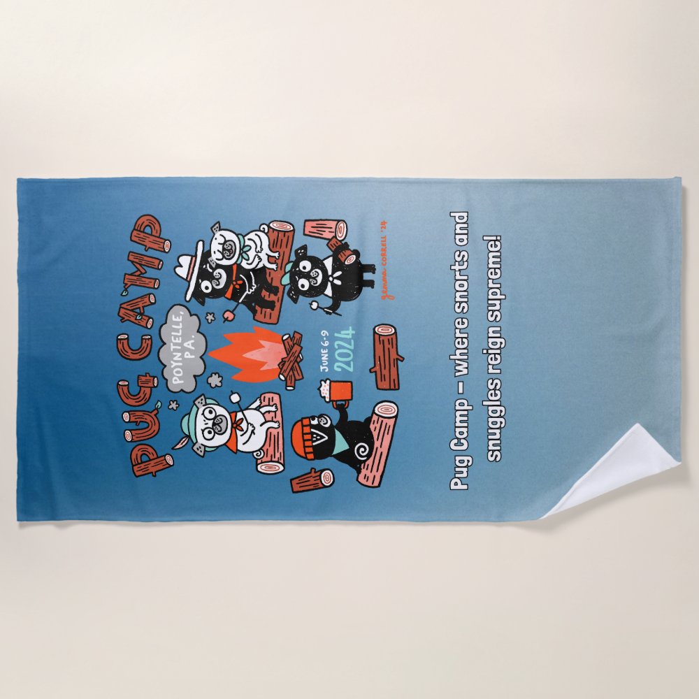 Discover Pug Camp 2024 Personalized Beach Towel