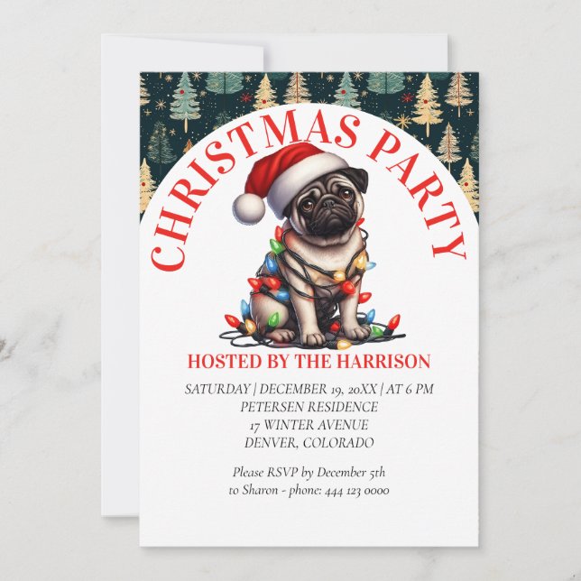Pug Canine Retro  Cute Watercolor Christmas Invitation (Front)