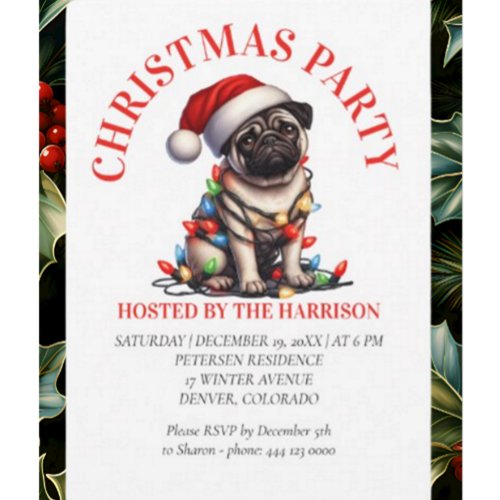 Pug Canine Retro Watercolor Christmas Invitation