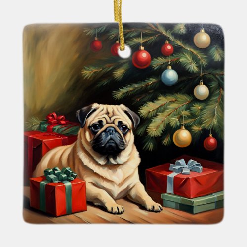 Pug celebrates Christmas Ceramic Ornament