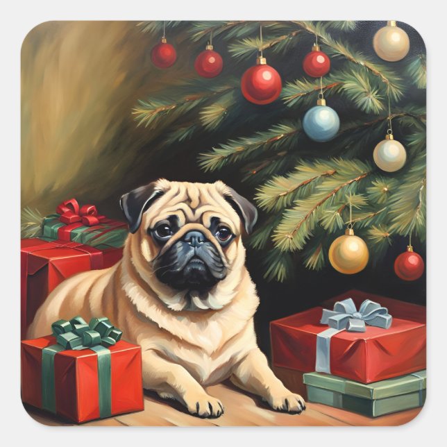 Pug celebrates Christmas Square Sticker (Front)