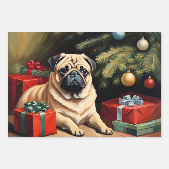 Pug celebrates Christmas Wrapping Paper Sheets (Front)
