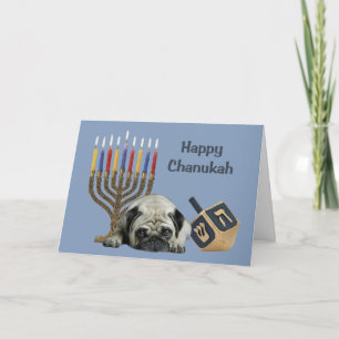 Pug Chanukah Card Menorah Dreidel