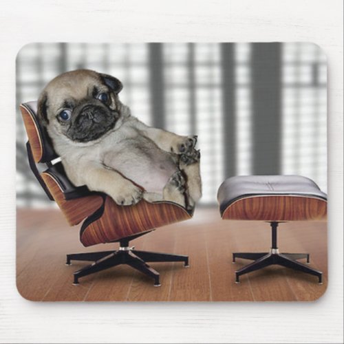 Pug chilling in a recliner chair mouse pad