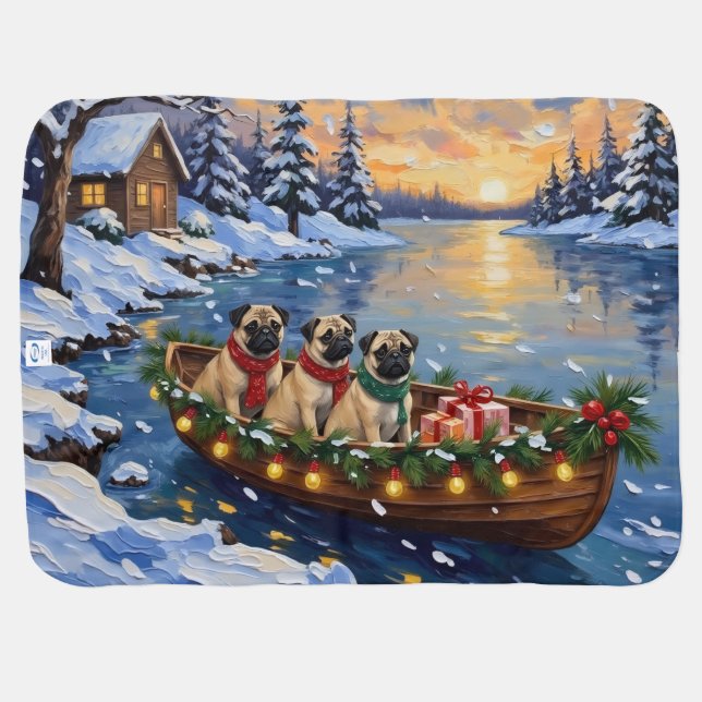 Pug Christmas Boat Holiday Baby Blanket (Back Horizontal)