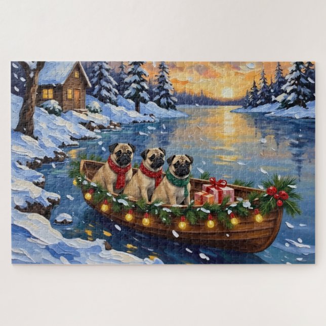 Pug Christmas Boat Holiday Jigsaw Puzzle (Horizontal)