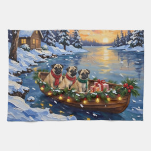 Pug Christmas Boat Holiday Kitchen Towel