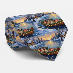 Pug Christmas Boat Holiday Neck Tie