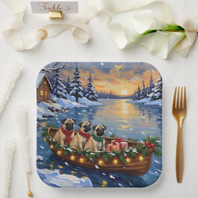Pug Christmas Boat Holiday Paper Plates (Wedding)