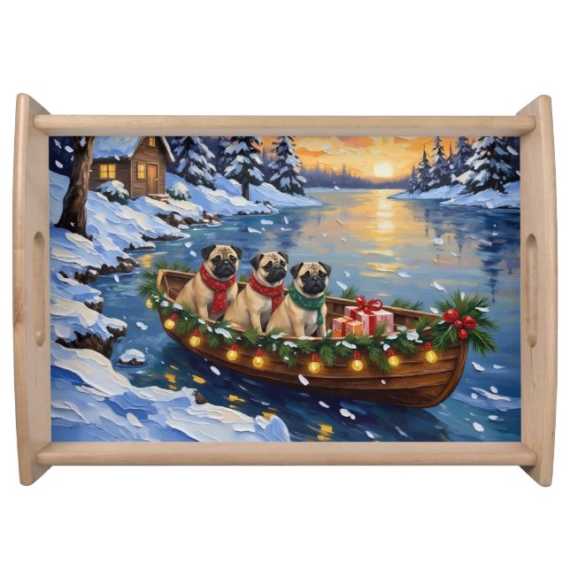 Pug Christmas Boat Holiday Serving Tray (Front)