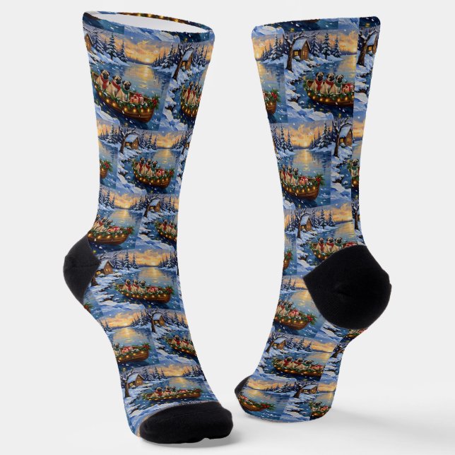 Pug Christmas Boat Holiday Socks (Angled)