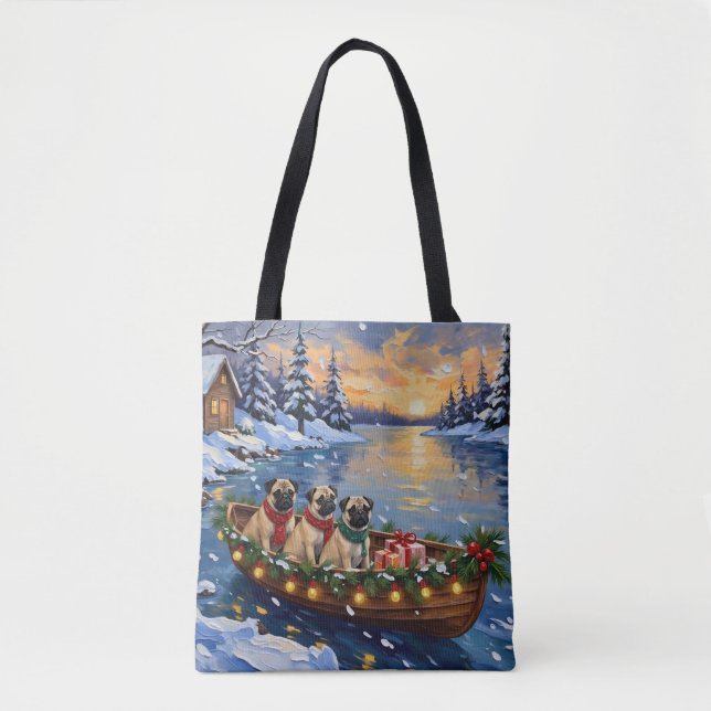 Pug Christmas Boat Holiday Tote Bag (Front)