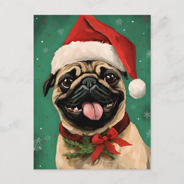 Pug Christmas brush painting artwork Postcard (Front)