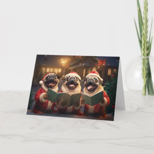Pug Christmas Carolers Fun Holiday Card