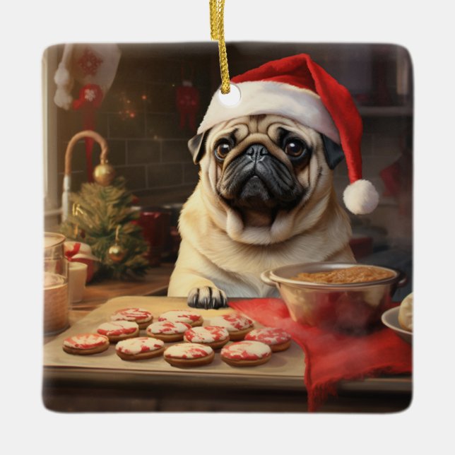 Pug Christmas Cookies Festive Holiday Ceramic Ornament (Front)